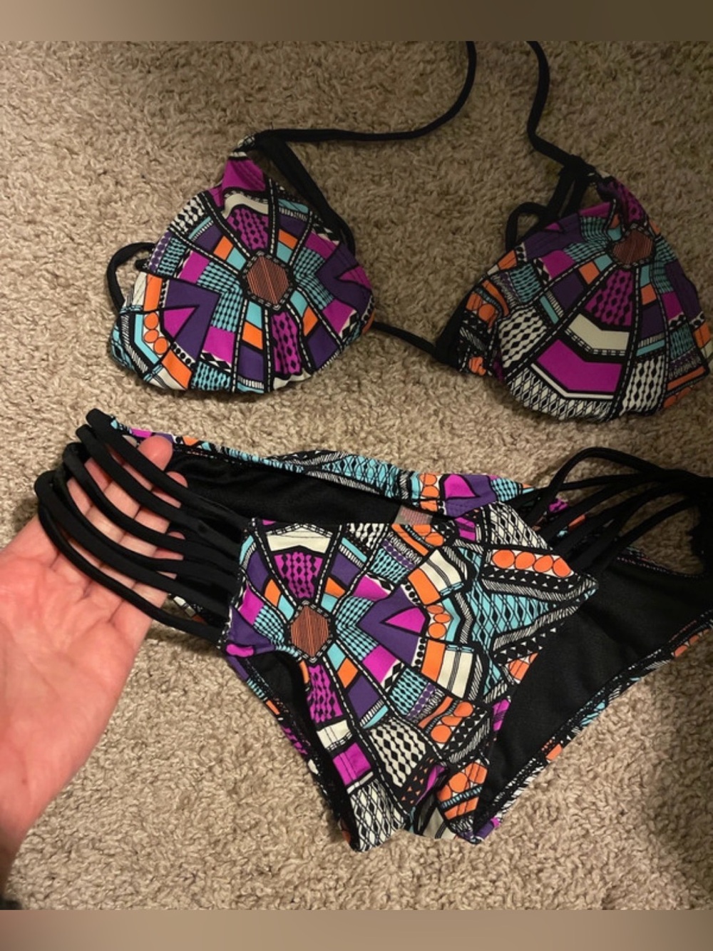 Geometric Print Strappy Bikini Set - Purple, Teal & Orange